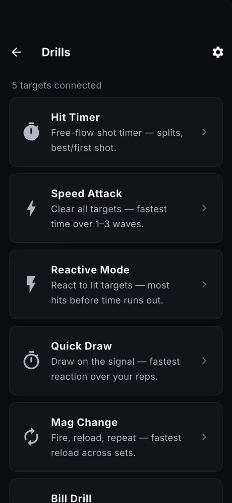 The Strike Arena app's drill list, with five targets connected