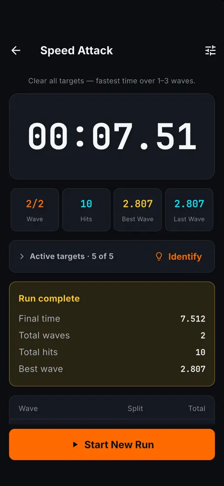 Speed Attack in the Strike Arena app, showing a finished run at 7.512 seconds
