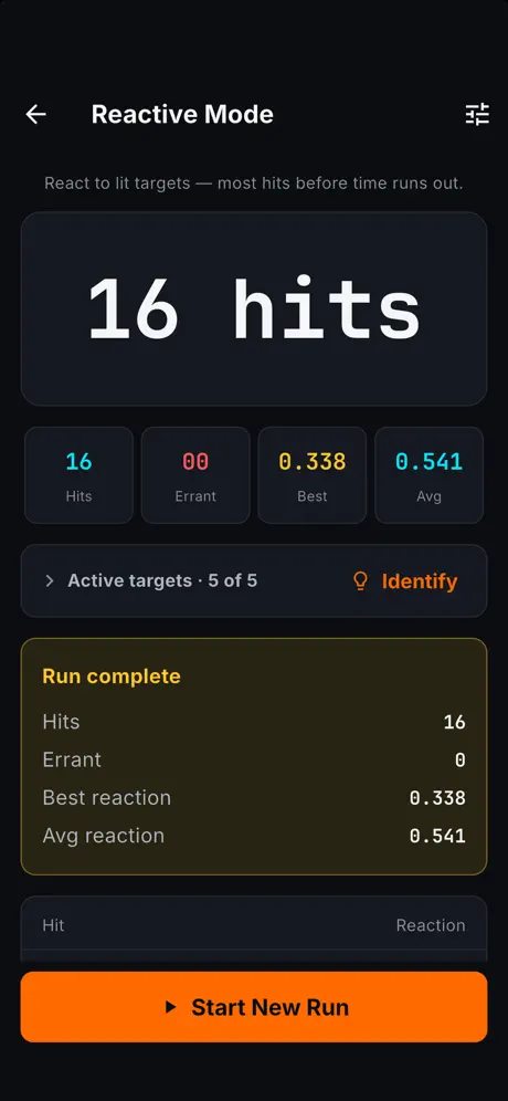 Reactive Mode in the Strike Arena app, showing 16 hits and a 0.338s best reaction